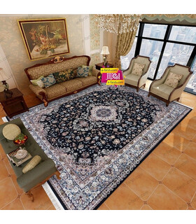 فرش ماشینی زمرد مشهد طرح 22001 سورمه ای گل برجسته