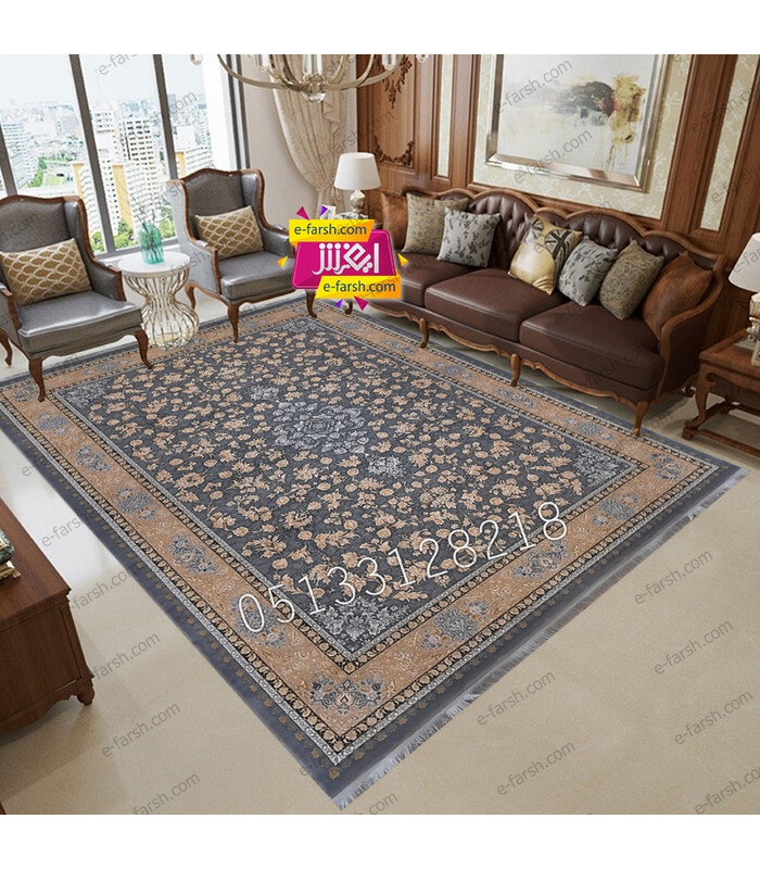 فرش ماشینی زمرد مشهد طرح 23000 آبی گل برجسته