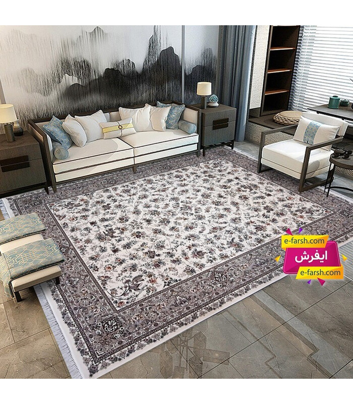 فرش ماشینی زمرد مشهد طرح 22006 کرم گل برجسته